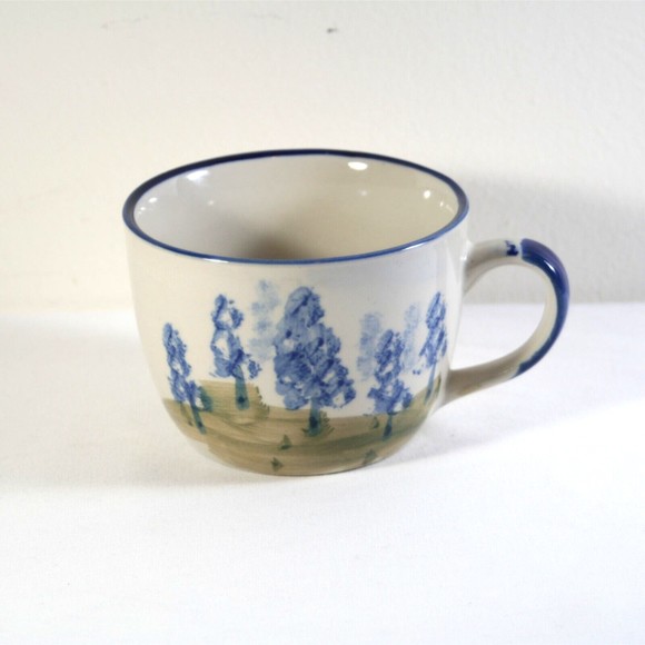 VTG Chi Kiang Stoneware Coffee Mug Blue Trees Watercolor Style Cup - Picture 1 of 10